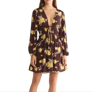 WAYF Ruched Long Sleeve Floral Brown and Yellow Mini Dress.... Size Large